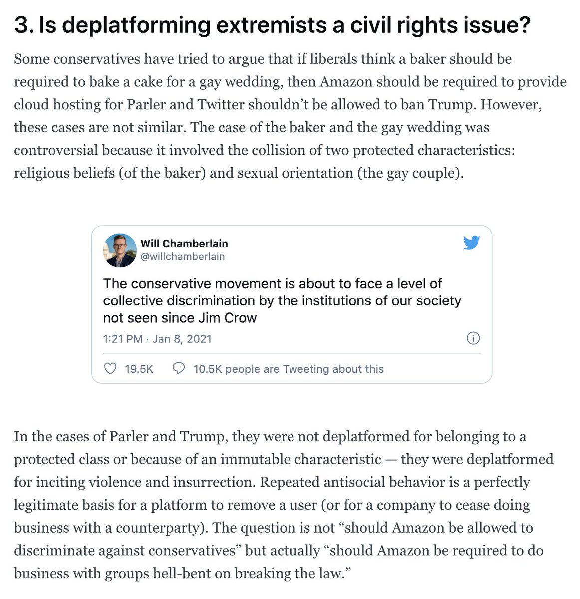 3. Banning right-wing extremists or those who incite violence is not a slippery slope toward an Orwellian dystopia, and it’s certainly not a civil rights issue (contrary to what  @willchamberlain might claim).Every platform bans some users for speech issues, including Parler.