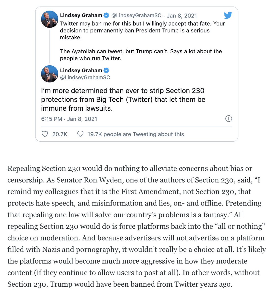 4. Repealing Section 230 would not solve any of these issues (and might make them worse).People who claim "this is why we need to repeal 230" are lying to you (or severely misinformed).Follow experts like  @jkosseff &  @mmasnick to learn what Section 230 actually says and does.