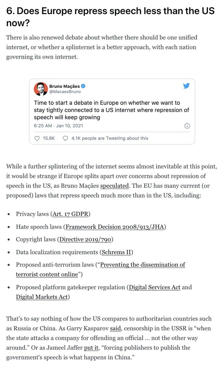 6. It would be silly for Europe to leave the American-led internet over concerns about the suppression of speech.The EU values free speech way less than we do!They have laws on privacy, hate speech, copyright, etc that prioritize other values over speech.