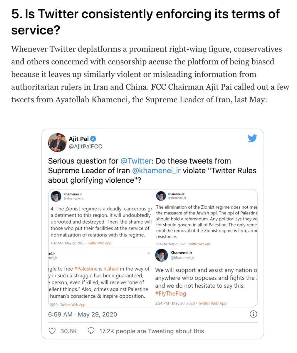 5. Those who say that Twitter is being inconsistent in enforcing its policies are right!But that doesn’t mean Twitter should leave Trump and other extremists alone.Twitter should ban both Trump *and* the Supreme Leader of Iran from its platform (and CCP propaganda).