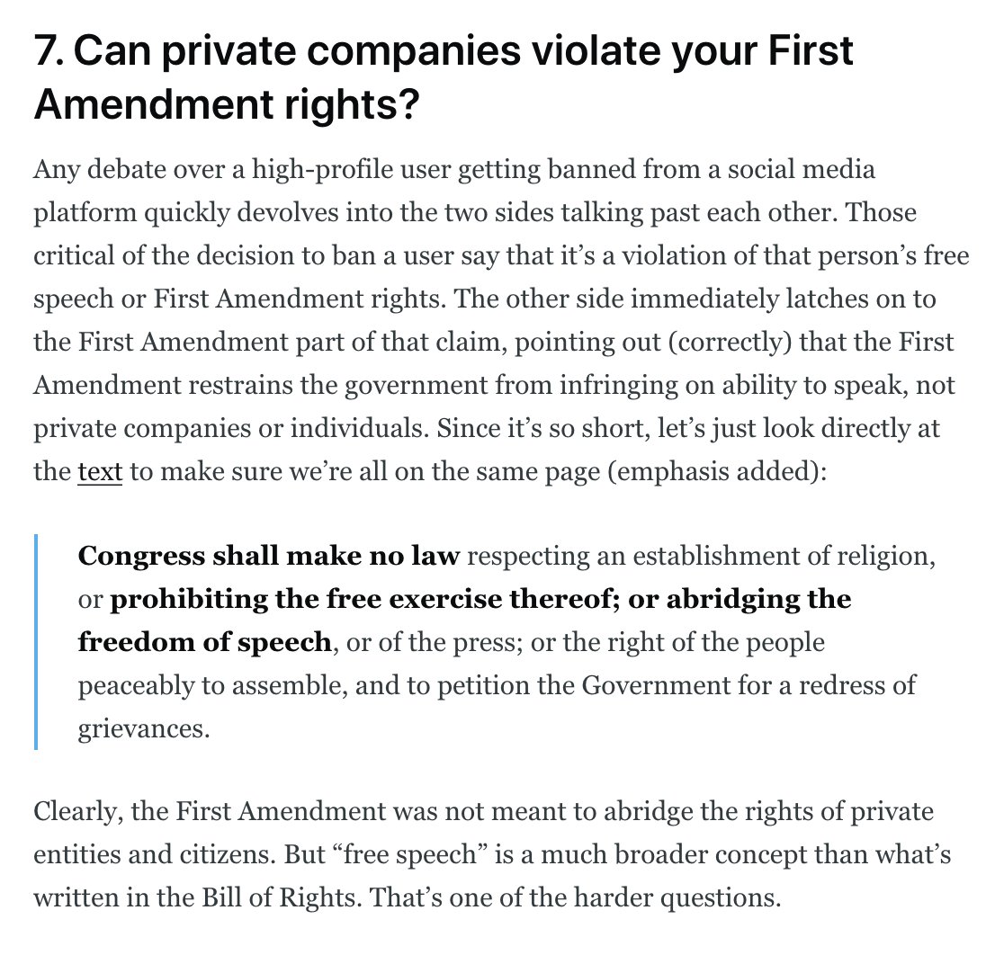 7. No, a private company can't violate your First Amendment rights.There should be no disagreement on this narrow point...