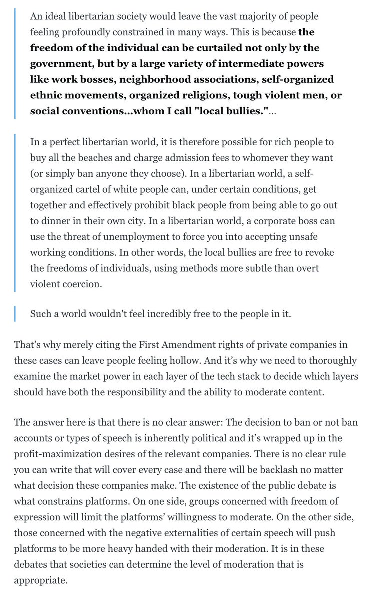 8. But saying a company can't violate your First Amendment rights doesn't end the debate.Need to look beyond the false dichotomy of the individual & the state, and recognize there are "mezzanine authorities" in society (h/t  @Noahpinion). Companies can restrict free speech.