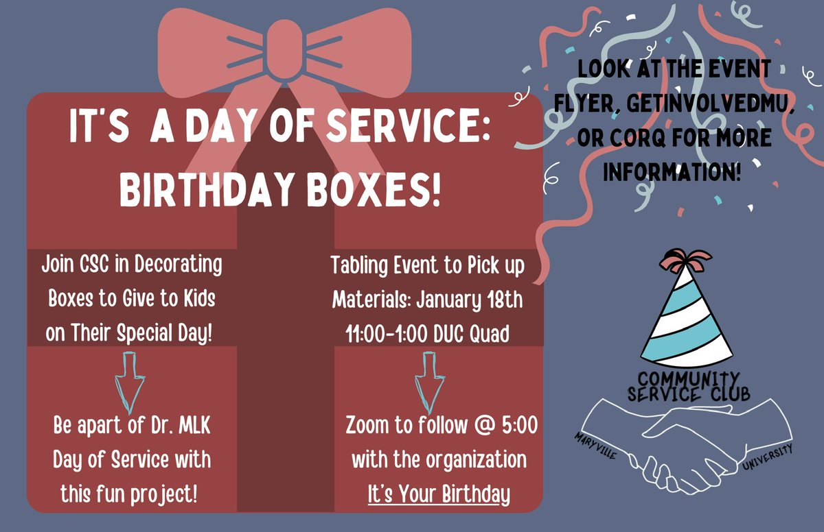 What a great kick off to the spring semester with this great event!! CSC is decorating boxes to give to kids on their birthdays! The materials can be picked up in the DUC Quad from 11-1. Zoom meeting to decorate will follow at 5, hosted by the organization “It’s Your Birthday”.🎈