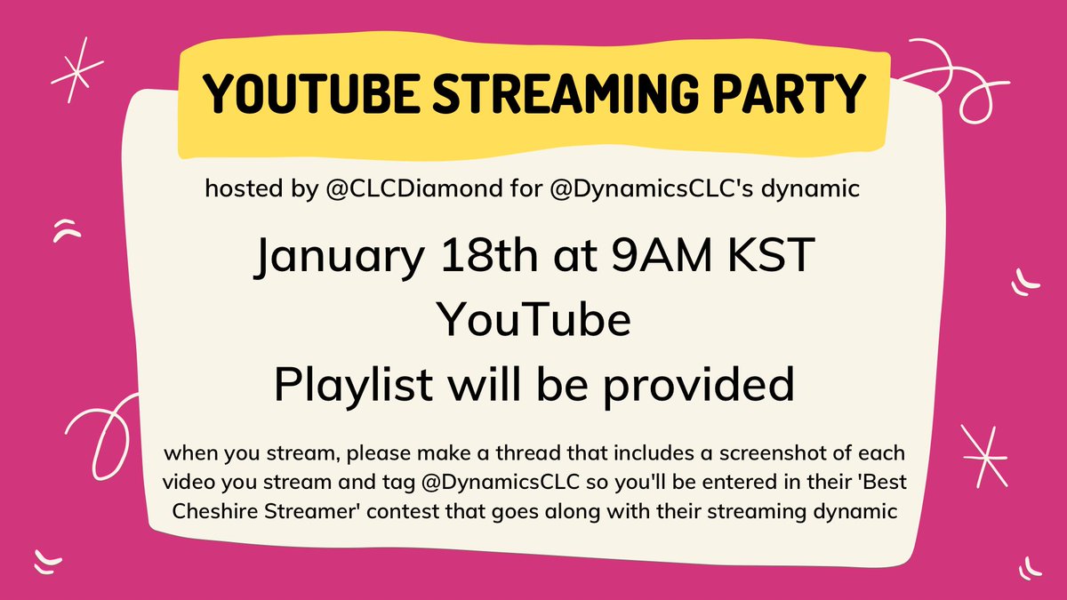CLCDiamond's tweet photo. 🚨STREAMING PARTY🚨

Playlist: https://t.co/TtesBSd9z1

Please post pictures of you streaming and tag @dynamicsCLC and us so we can see everybody participating (if you want to make a thread, an example is in replies)

Happy streaming!

@CUBECLC #CLC https://t.co/WFdgVz4teQ