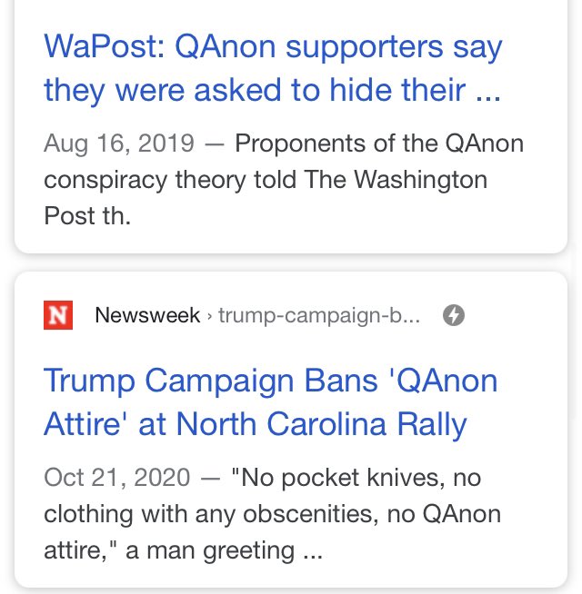 Ever been to a Trump rally? They make you cover up anything Q related. Some slip through but there is an active effort to keep Q paraphenalia hidden from the media. With a few exceptions of course, because trolling IS fun.