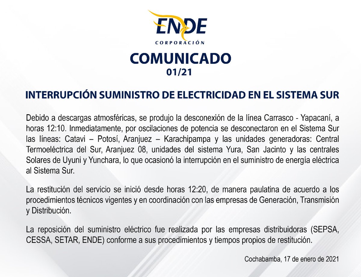 ⚠️ Comunicado

<a href="/Bolivia_MHE/">Ministerio de Hidrocarburos y Energías</a>
<a href="/vicemincom/">Comunicación del Estado Plurinacional de Bolivia</a>