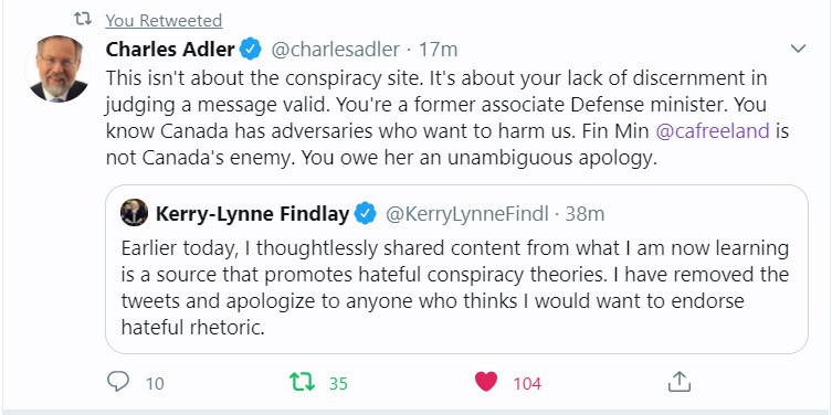 7/Here is Charles Adler, responding to CPC MP Findlay regarding her post where she shared a conspiracy site & asked us to beware of Finance Minister Freeland. Btw, Findlay never apologized to Freeland