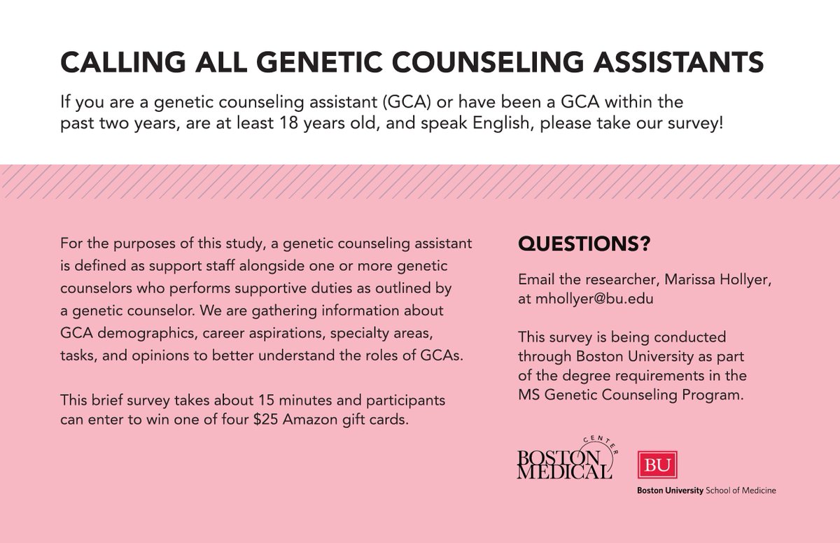 Do you work as or know a genetic counseling assistant (GCA)? Help us learn more about GCAs and their
experiences by completing a research survey! It takes 15 minutes and you can enter to win one of
four $25 Amazon gift cards. Only one week left!
bostonu.qualtrics.com/jfe/form/SV_a5…
 #GCchat