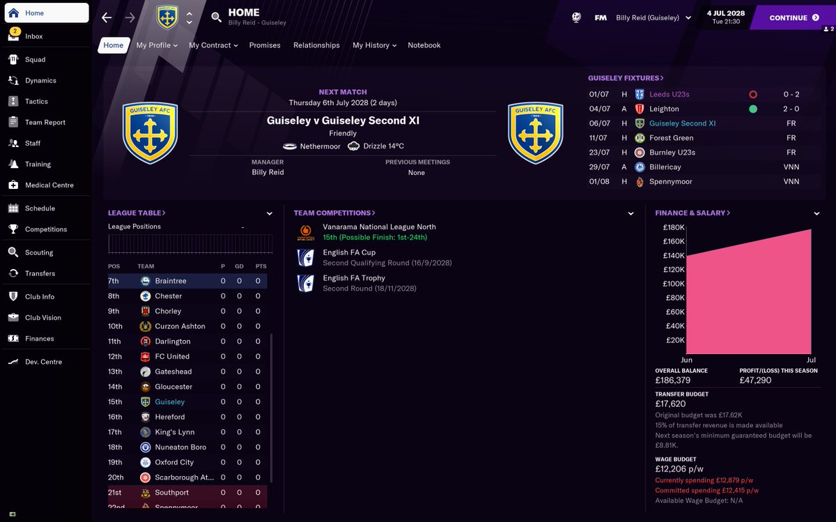 SO. Harrogate will continue to be the main story, obviously. Alongside it, I will be managing Vanarama North, Guiseley (I'll probably let my assistant do most of the matches) I can give them as much of my Harrogate transfer budget BUT I can only sign Yorkshire born players!