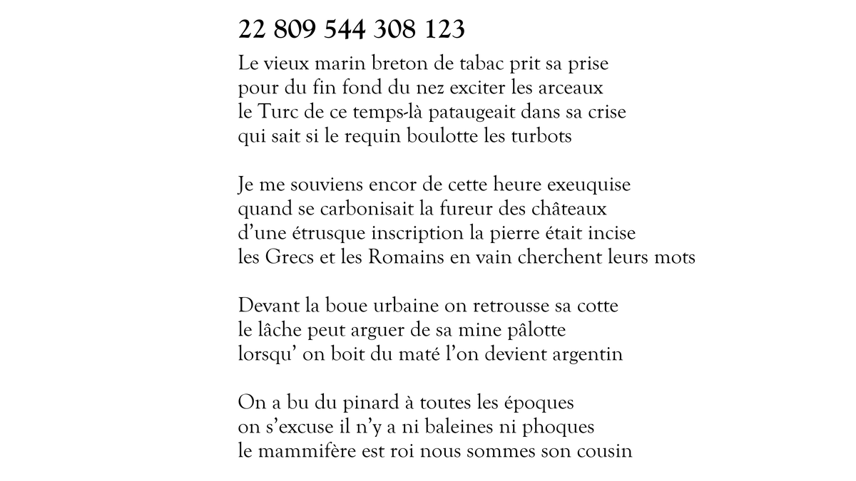 Voici le sonnet 22 809 544 308 123 sur 100 000 000 000 000. Il en reste 99 999 999 998 426 à tweeter. https://t.co/WHU8IjJRSb