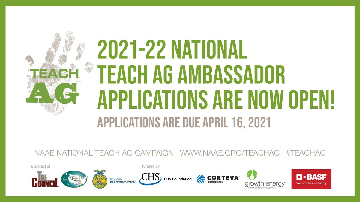 We're now accepting applications for the 2021-2022 NAAE National Teach Ag Ambassador Program. Applications are due April 16, 2021. Visit the application to learn more!

#TeachAg » bit.ly/3brTu1h