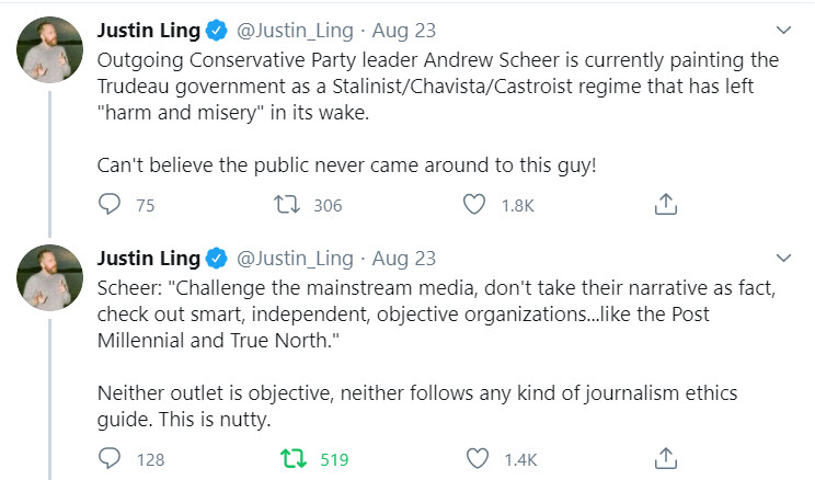 14/Here is a screenshot I made of two consecutive tweets from  @Justin_Ling, when he was reporting on outgoing CPC leader Scheer's farewell speech. Read this, and ask if what Scheer said, isn't something Trump or Sen Cruz would say