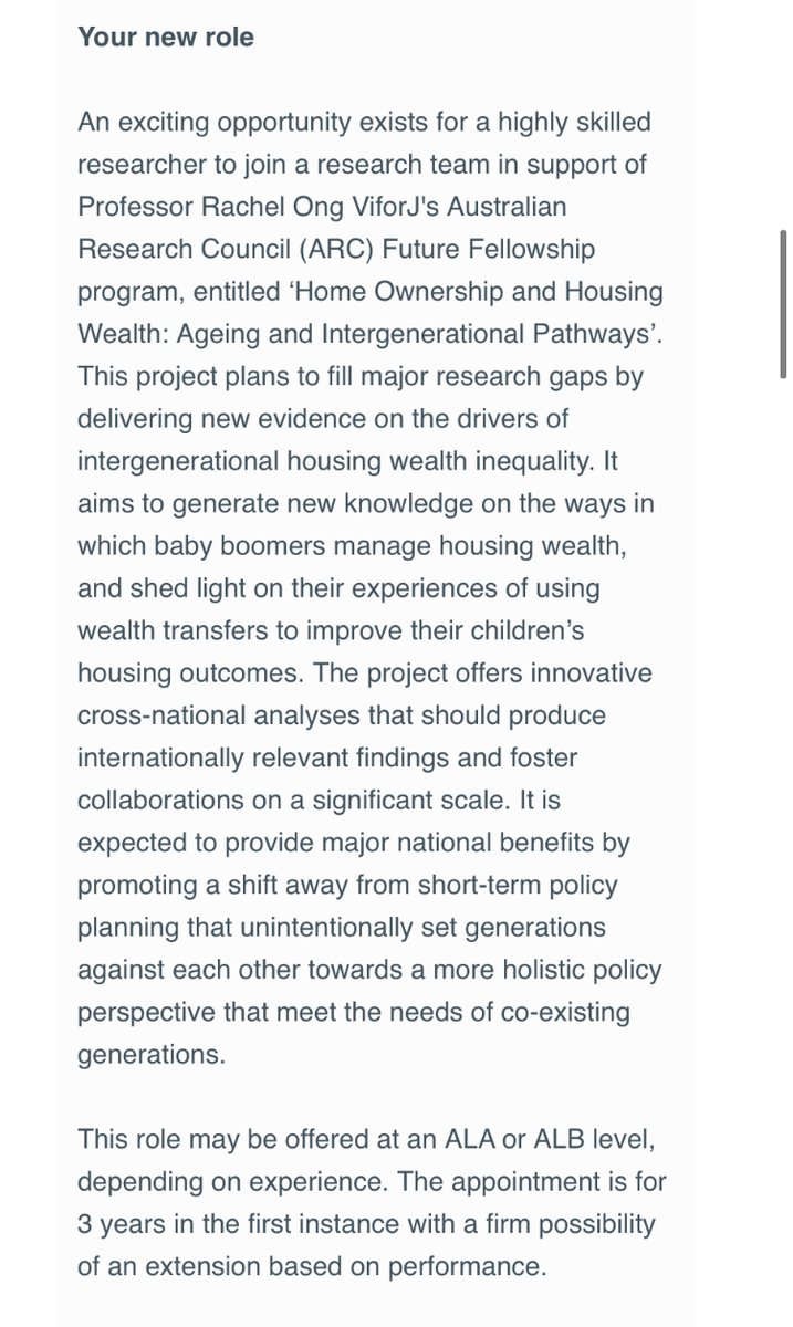 Currently recruiting a postdoc @CurtinUni to conduct @arc_gov_au research on ‘Home ownership and housing wealth: ageing and intergenerational pathways’.  Great opportunity for an ECR with a passion for housing issues. Deadline 8-Feb-21. Click here: staff.curtin.edu.au/job-vacancies/…