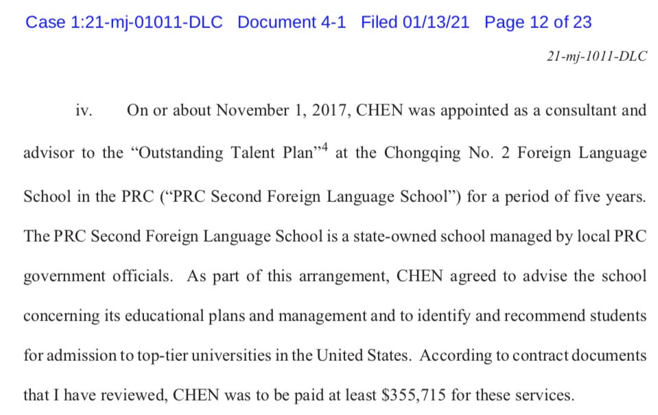 20.iv. Chen was appointed as a consultant and advisor to the "Outstanding Talent Plan" at the Chongqing No. 2 Foreign Language School.McCarthy calls it "a state-owned school managed by local PRC government officials".In the US, we call this a "public high school".