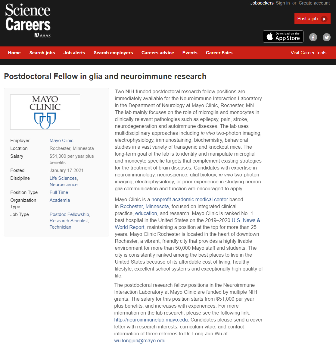 Wu lab at Mayo is recruiting postdocs and research scientists. For those who are interested in glia and neuroimmune research, please visit neuroimmunelab.myo.edu and email wu.longjun@mayo.edu.