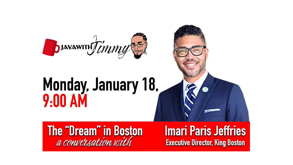 javawithJimmy's tweet image. Join the #javaFam for #mentalhealthMonday
And listen in on a great conversation with the ED of @KingBoston11 / @askimari as we discuss Dr. King's dream in Boston in 2021 & how we support King Boston.
View this informative & mobilizing conversation via @Facebook @javawithJimmy