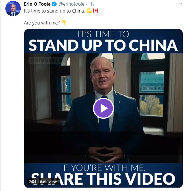 21/Like Trump, Erin O'Toole talks about standing up to China. He doesn't suggest how, or consider the consequences of any action. Unrealistic & simplistic 'tough talk' (IMHO). Also, ironic, considering his party's history with FIPA trade deal under Harper