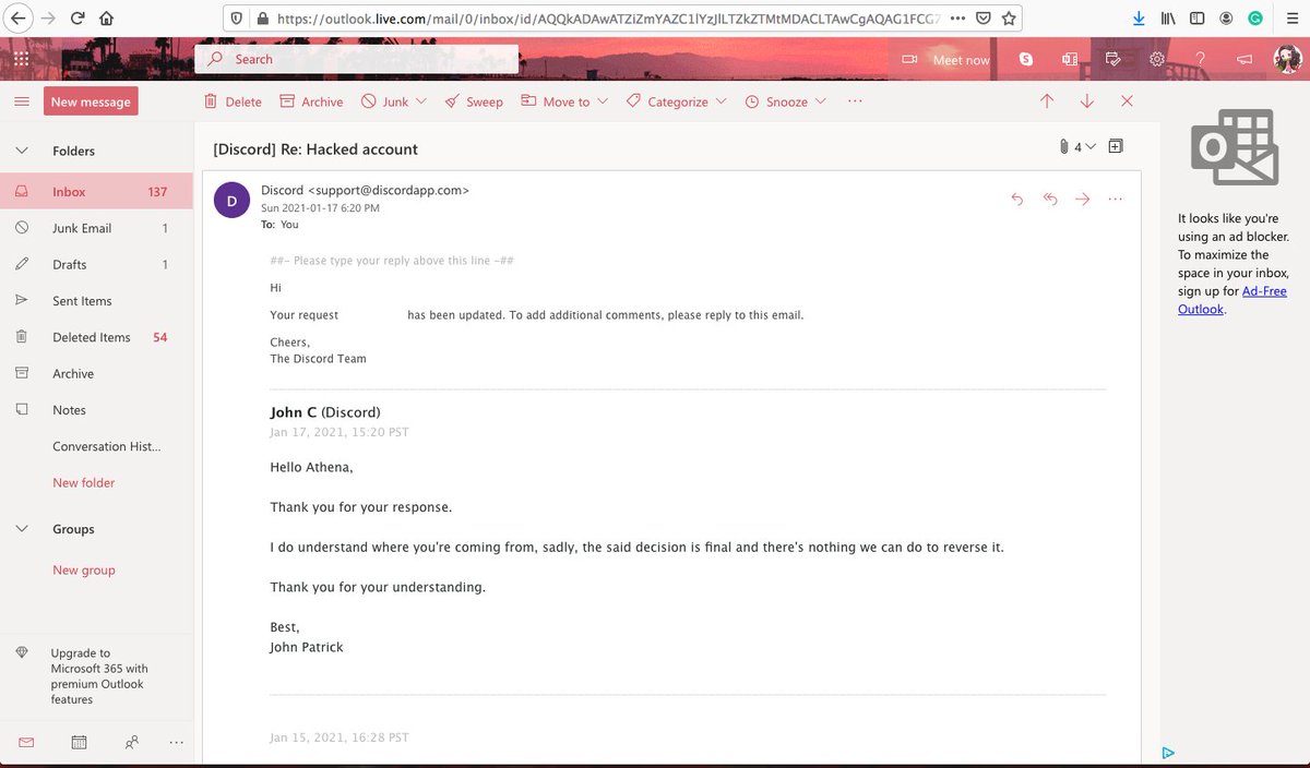 redfae's tweet photo. This is what @discord #Discord has to say about the hacking of my account. Apparently, due to their "strict privacy and security policies," their "decision is final." Meaning, I CANNOT get my account back! Tell me something.. am I wrong to fight to get my account back? https://t.co/UofQOIIvWz