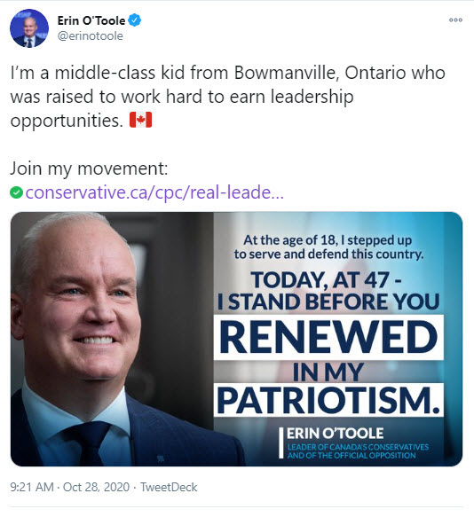 22/Re tweet 20/ here's an example of Erin O'Toole trying to be just a regular guy, similar to the type of rhetoric Trump used. Not completely honest, IMHO. After all, he makes it seem like his dad worked on the assembly line, yet was actually an executive - for two decades.