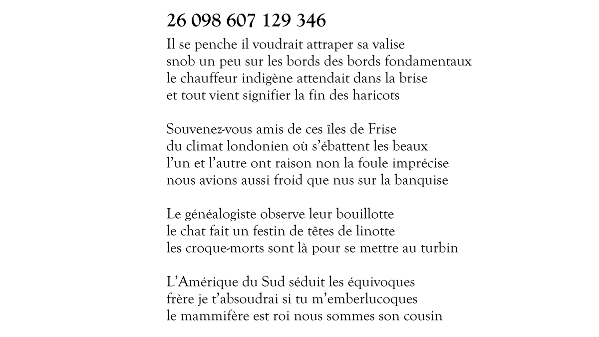 Voici le sonnet 26 098 607 129 346 sur 100 000 000 000 000. Il en reste 99 999 999 998 425 à tweeter. https://t.co/wQUD4064t3
