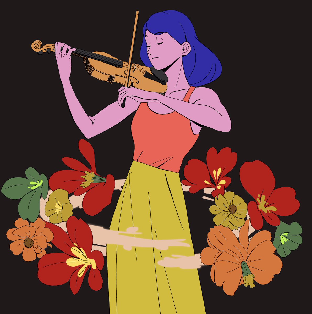 1girl solo instrument flower violin red flower closed eyes  illustration images