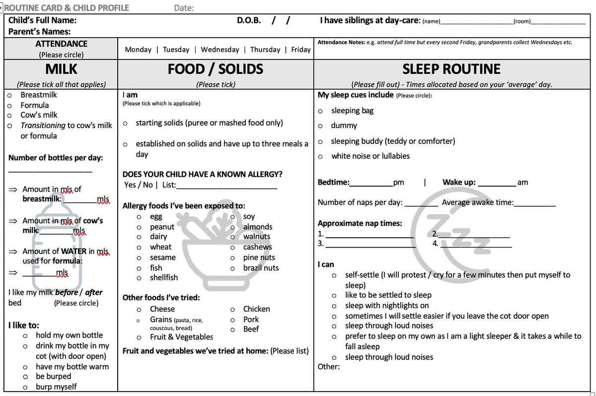 Child profile card allows child-care professionals to quickly assess the needs of children in their care. This lists information about milk, solids, and sleep/comfort. bit.ly/dailyroutinepr… #childrenservices #childcare #daycare #NQS  #ECE