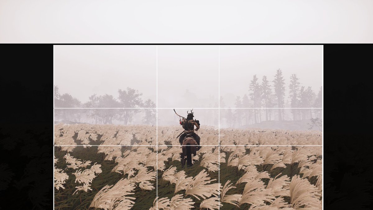 To make him the center of the pic, literally, Phi grid helped us see what dynamic could help. Lines of the trees and field converge to him. I decided to couple this with a rule of third in 21:9 in 3 almost = layers ground/trees/sky. More ground, again cause rider is the subject.