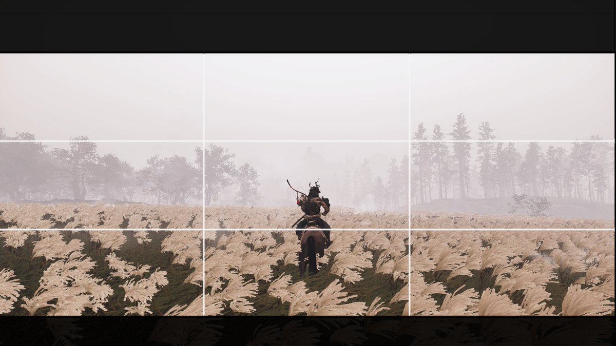 To make him the center of the pic, literally, Phi grid helped us see what dynamic could help. Lines of the trees and field converge to him. I decided to couple this with a rule of third in 21:9 in 3 almost = layers ground/trees/sky. More ground, again cause rider is the subject.