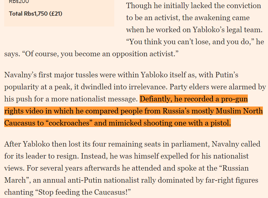 lmao it's wild seeing all the western liberals on here gushing over navalny, a far right crypto-nazi who once made a campaign video wherein muslims are depicted as cockroaches, at the end of which he takes out a gun and shoots one in the head