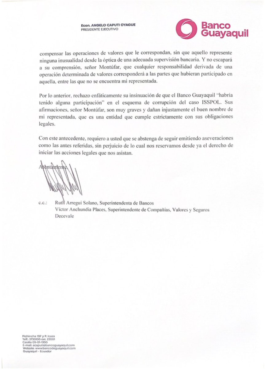 AngeloCaputiO's tweet image. Dadas las infundadas afirmaciones del Sr. @CesarMontufar51, me veo obligado a responder. @BancoGuayaquil no tiene relación, de ninguna naturaleza, con el Isspol y el esquema de corrupción de dicho caso. No permitiremos que se pretenda manchar el buen nombre de Banco Guayaquil.