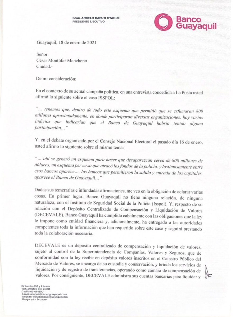 AngeloCaputiO's tweet image. Dadas las infundadas afirmaciones del Sr. @CesarMontufar51, me veo obligado a responder. @BancoGuayaquil no tiene relación, de ninguna naturaleza, con el Isspol y el esquema de corrupción de dicho caso. No permitiremos que se pretenda manchar el buen nombre de Banco Guayaquil.
