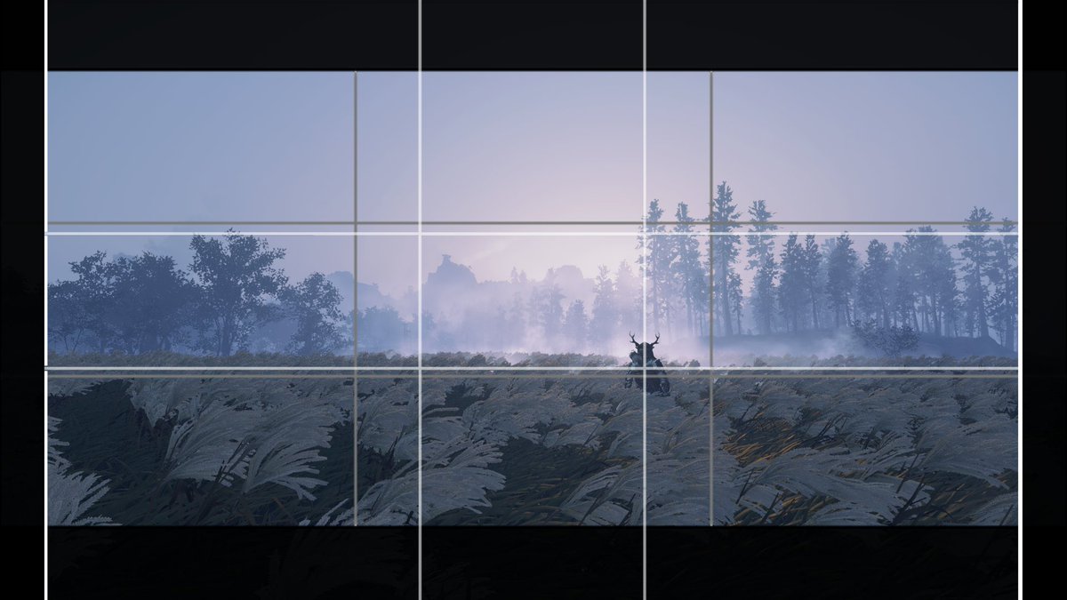 Phi grid is great for strong perspectives, but I found pretty useful as well in those "flat" perspectives. Stretching it through the 21:9 sounded interesting to me. Using the fog to create a strong silhouette with the helmet gives a great eye-catch to the overal scenery.