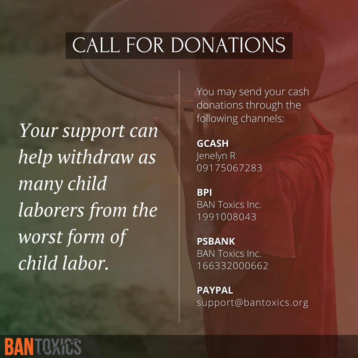 This 2021, help us #EndChildLabor in artisanal and small-scale gold mining (ASGM) communities. #BANToxics wants to withdraw as many child laborers in the ASGM sector as we can and we need your help.

👉 READ MORE: bit.ly/EndChildLabori…