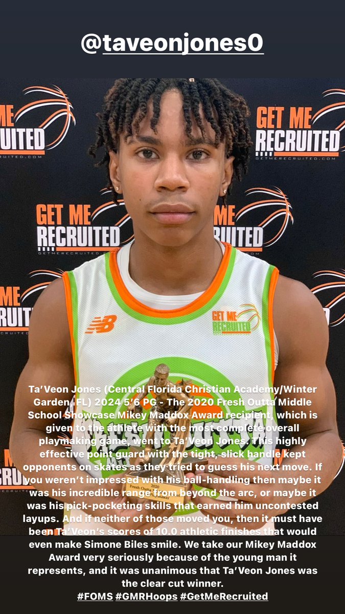Ta’Veon Jones was the unanimous vote getter for the Mikey Maddox Award for the 2020 Fresh Outta Middle School Showcase