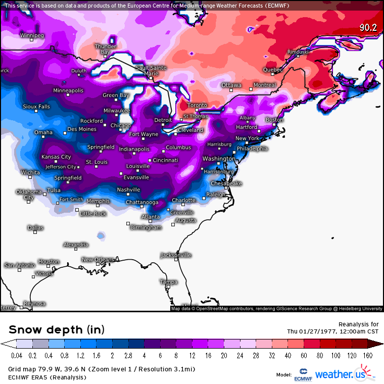 [3] With the cold came frequent snow. A series of storms blanketed the northeastern US with snow, a local maxima in the vicinity of the Lakes. The frozen Erie itself was able to accumulate an impressive snowpack.The entire time, frigid temperatures kept the snow powdery.