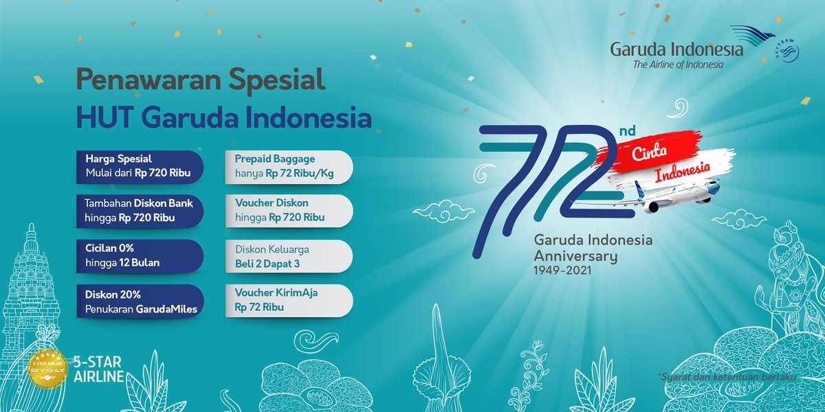 Menjelang Hari Ulang Tahun Garuda Indonesia ke-72, kami akan memberikan beragam penawaran menarik hanya untuk Anda pelanggan setia kami 🎉

Pantau terus linimasa Garuda Indonesia untuk update lebih lanjut! #HUTGA72