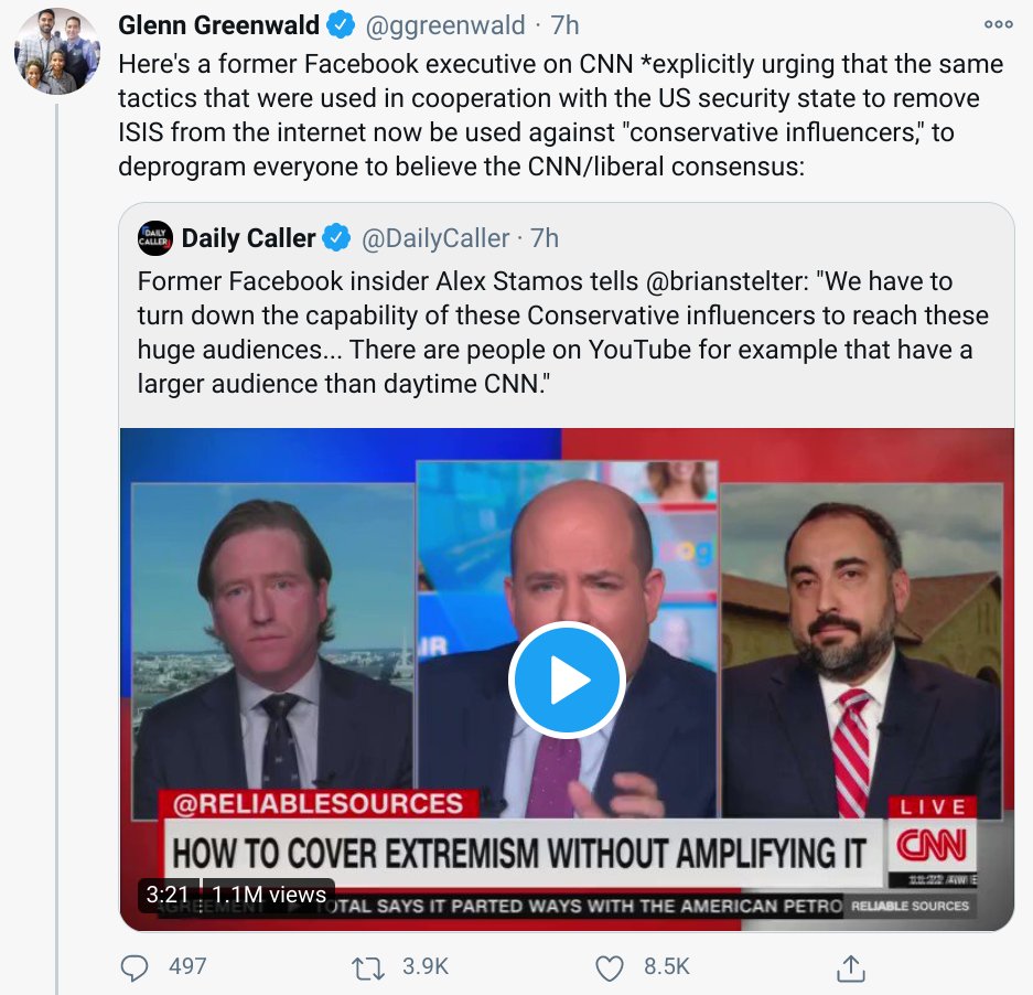 Not that accuracy matters to Mr. Greenwald, but this is not what I said. On the segment, which he clearly did not watch, I specifically talked about how there are two different issues that need to be addressed: organized violent groups and the lying to the wider mob.