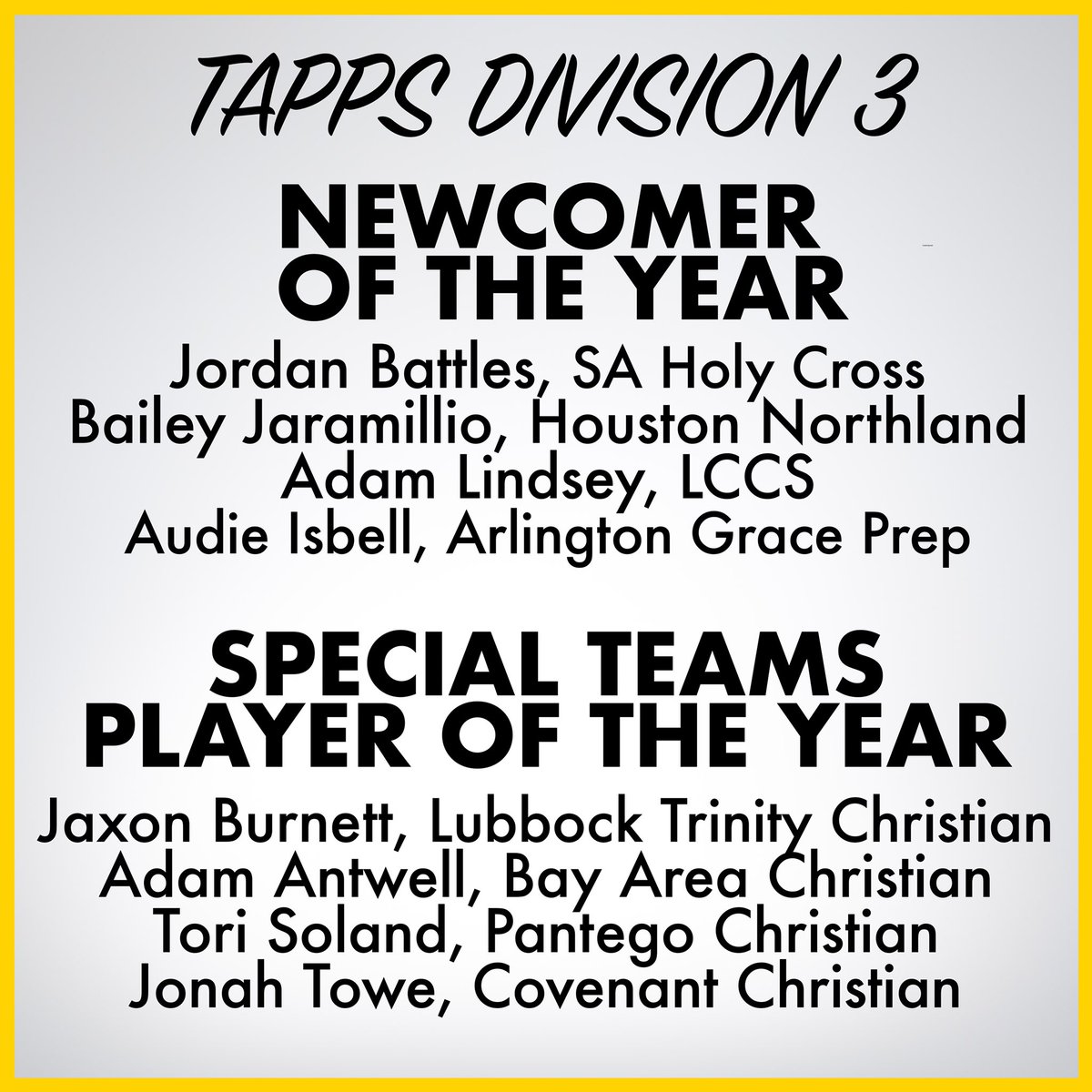 TXPSMedia's tweet photo. The Texas Private School Podcast 1st Annual Football Award Show Finalists! 

TAPPS D3 Newcomer of the Year:
@Battles6Jordan 
@Bjaramillo78 
@alindsey_22 
@AudieIsbell 

TAPPS D3 Special Teams Player of Year:
Jaxon Burnett
Adam Antwell, @BacsAthletics 
@SolandTori 
@jtowe27 https://t.co/gg0yXZCUh8