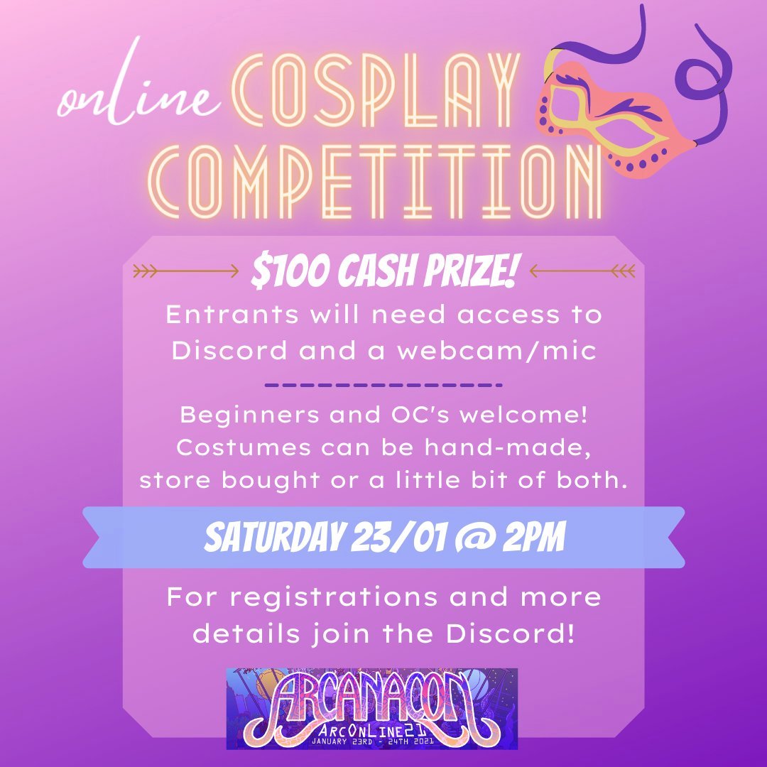 ARCttrpg's tweet photo. Don’t miss #ArcOnLine21’s online #cosplay competition. Beginners and OC’s welcome! Costumes can be handmade, store bought or a little of both. First prize is $100!
2pm AEDT Saturday 23rd Jan.
For registrations and more details join our Discord: https://t.co/Z9vr8HrMVj https://t.co/mNtCDiPz9N