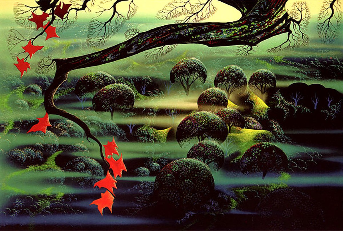 vangoghartist's tweet image. Here's an image with a similar color scheme from Eyvind Earle: Valley of Mystery wikiart.org/en/eyvind-earl… #earle #magicrealism