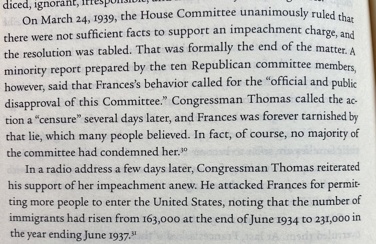 so Frances Perkins the first woman to be a Cabinet Secretary was also the first Secretary Congress tried to impeach ... was over her handling of an immigrant who was alleged to be a Communist agent. (Labor oversaw immigration then.) she wasn’t impeached but ugh.