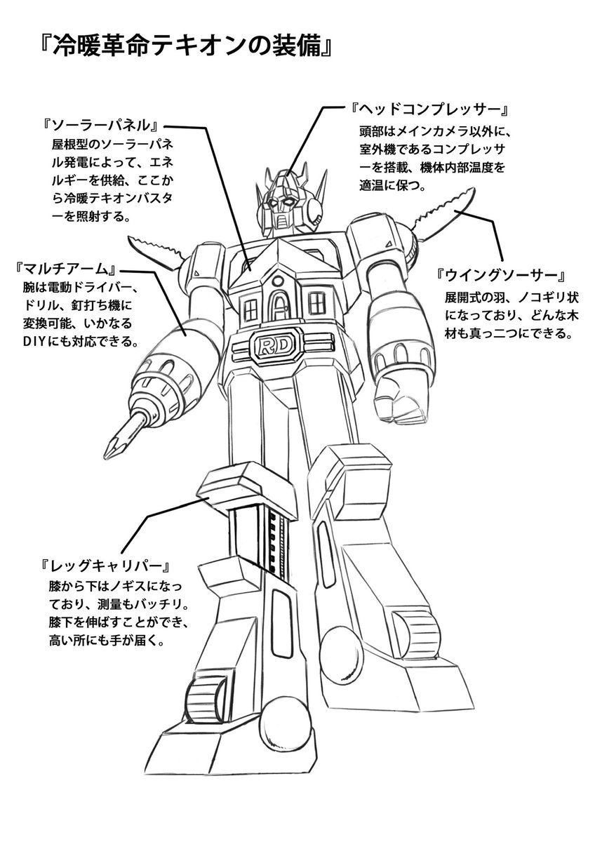 ボルテスⅤ時代のロボットアニメをモチーフにデザインした信州ローカルCM冷暖革命のテキオン。クライアントからの条件は上下合体で冷暖革命を表現し、建築会社のCMなので身体が家になっていることでした。最初のラフからより建築、冷暖房的なモチーフを盛り込み、設定画提案をして完成となりました。 