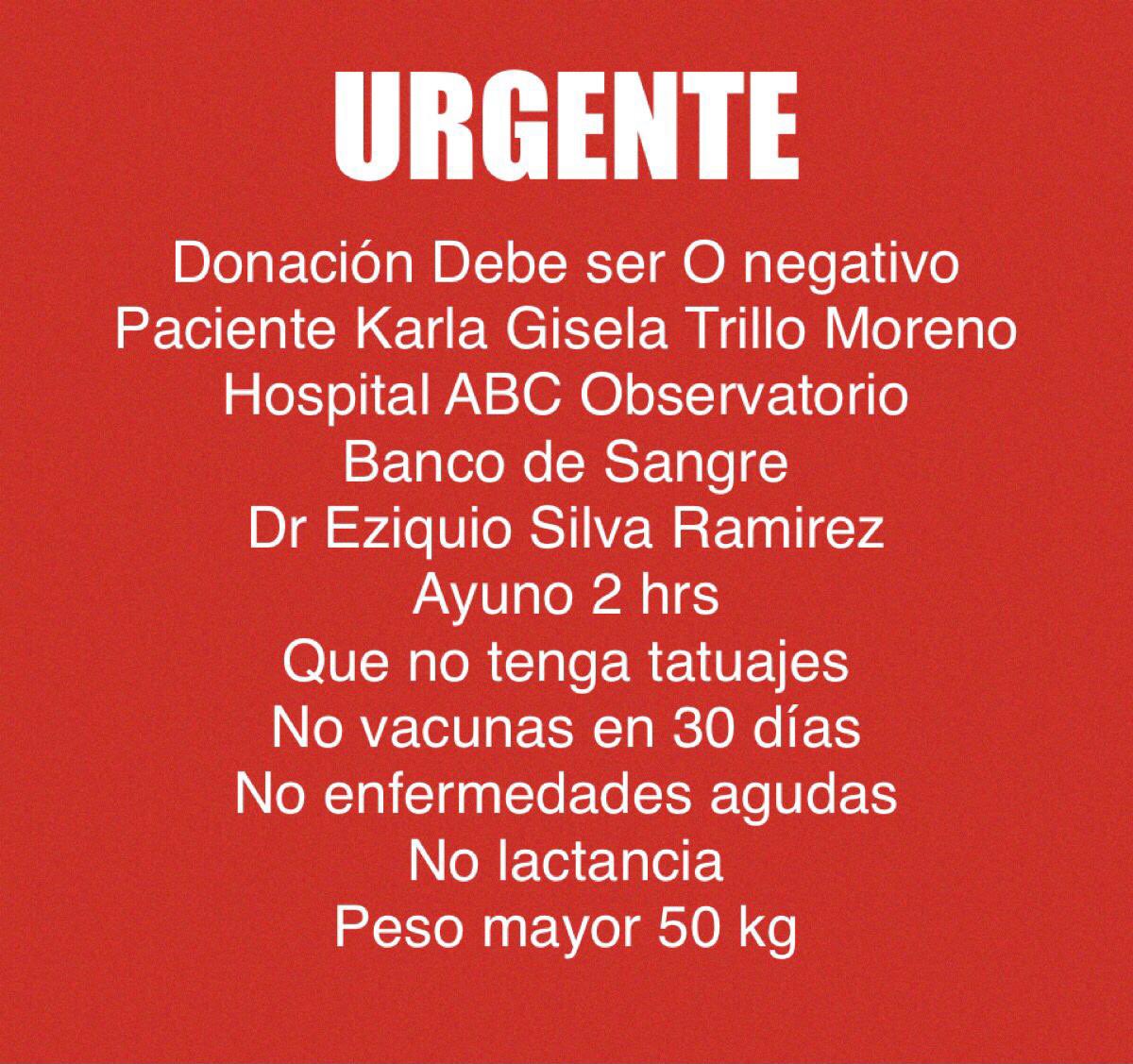 anapatam_mx's tweet photo. Hola! Si alguien es O- nos urge su Ayuda 🙏🏼🙏🏼🙏🏼 porfavor ! 
Requiere una transfusión inmediata! 
Es para Karla Gisela Trillo Moreno  41 años  ABC Observatorio. 55 5414 6608 porfavor! Tu ayuda hace toda la diferencia 🙌🏼🙌🏼🙌🏼🙌🏼 RT 🙏🏻🙏🏻🙏🏻🙏🏻 https://t.co/FacfDzQDuj