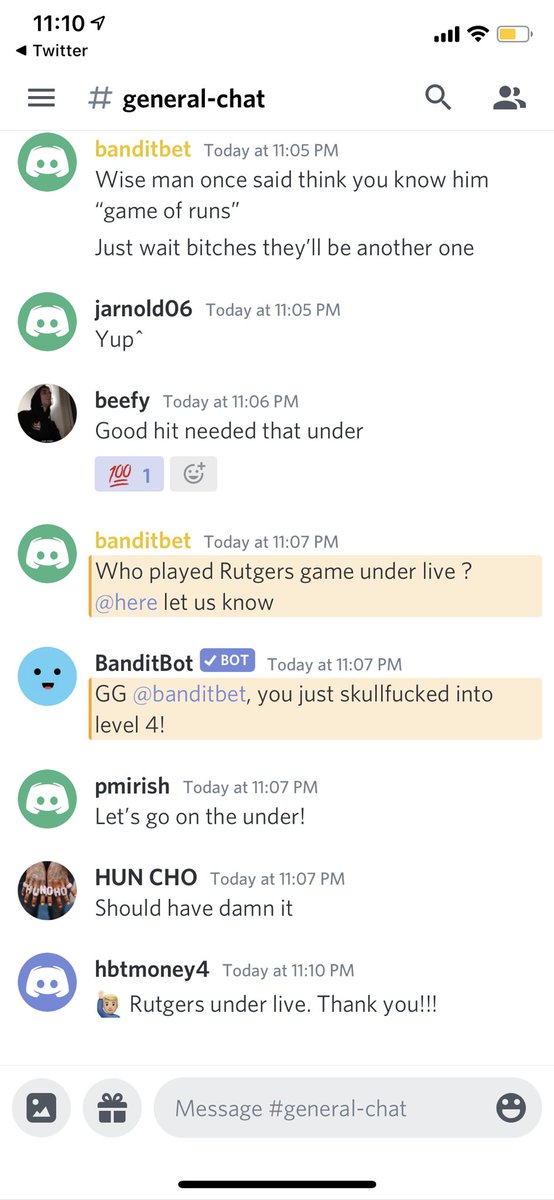 BanditBet's tweet photo. Bandits cashed #rutgers #wiscy U120 live easy in the chat @quiros_brandon why did you have to mush Rutgers ?! Not mad just sad the boys couldn’t hit a 3 tonight! What’s the NFL plays tomorrow looking like 👀 DM @BanditBet if you want to join the discord for live plays all weekend https://t.co/iAVlVjjulO