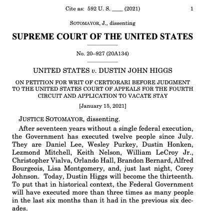 We also get a lengthy dissent from Justice Sotomayor. "To put [this moment] in historical context, the Federal Government will have executed more than three times as many people in the last six months than it had in the previous six decades."