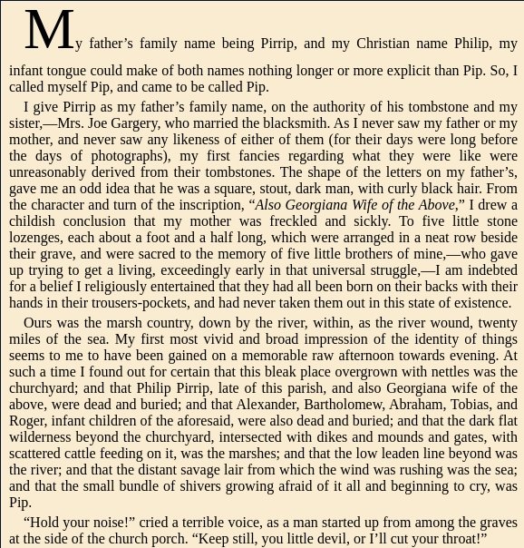 truly no one knows how to begin a novel like Dickens does https://www.gutenberg.org/files/1400/1400-h/1400-h.htm