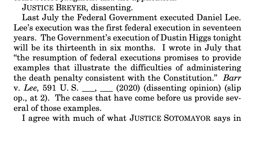 SCOTUSblog's tweet photo. As with other death penalty appeals, the majority's ruling on the Higgs execution came in the form of a brief, unsigned order, with no explanation of the court's reasoning. Both Breyer and Sotomayor wrote dissents explaining why they think the execution should not proceed. https://t.co/abLlLNzZfm
