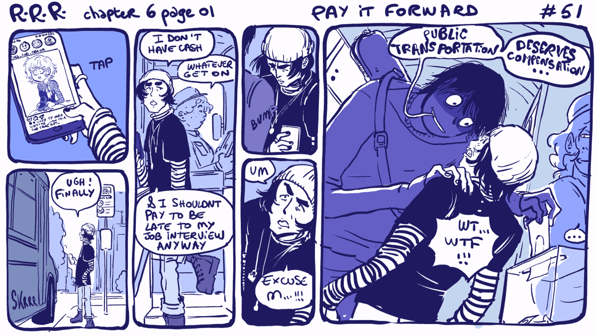 #rodneyRrodney chapter 6 page 1 : pay it forward. strip 51. Srry i'm uploading late lmao this strip went thru a bunch of rewrites haha... buckle up for this new ride New moon with face