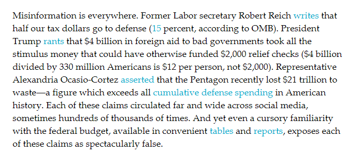 And the sad reality is that misinformation is everywhere. Politicians aren't policy experts. Many reporters are not subject-matter experts. Opinion columnists & TV hosts have incentives to exaggerate. Most policy info on social media is false. Math intimidates nearly all. (3/)