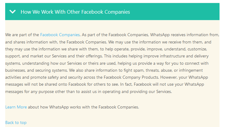 Nevertheless, while Whatsapp doesn't mention ads or other kinds of profiling in the GRPR policy it still states it shares data to "help operate, provide, improve, understand, customize, support, and market" Facebook's services and offerings. Also, safety+security are broad areas.